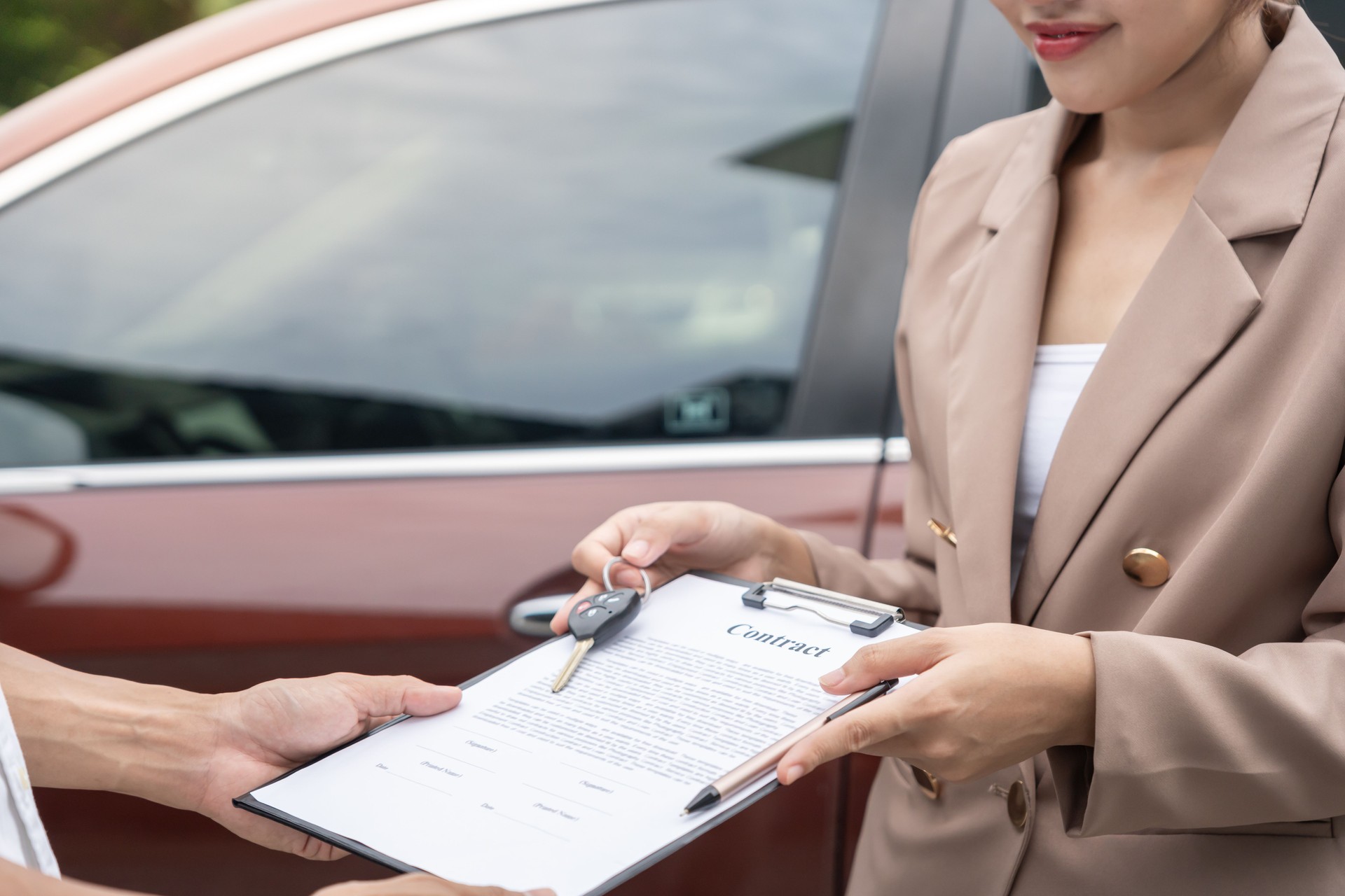 lease, rental car, sell, buy. Dealership send contract and car keys to new owner to sign. Sales, loan credit financial, rent vehicle, insurance, renting, Seller, dealer, installment, car care business